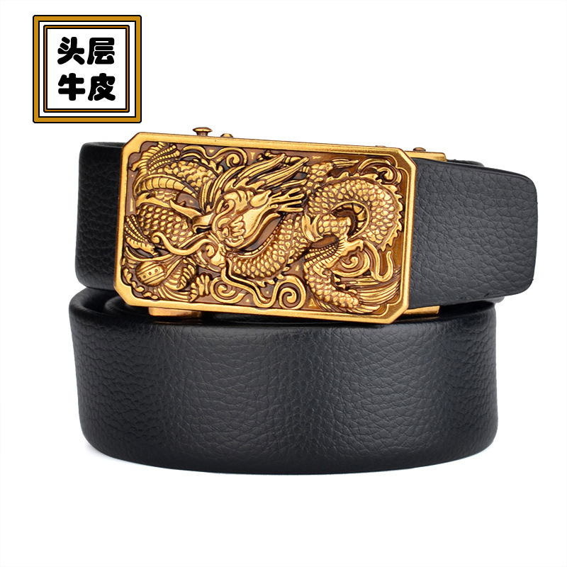 

Belt AccessoriesMen's top layer cowhide scratch resistant and wear-resistant leather personalized style Chinese dragon bronze automatic bule, Black