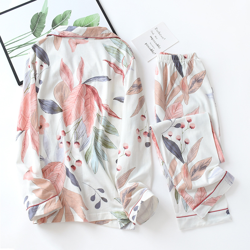 

2021women long sleeve nightwear autumn 100% cotton knitted pajama set turn-down collar leaves printing pajamas loungewear sleepwear, Black;red