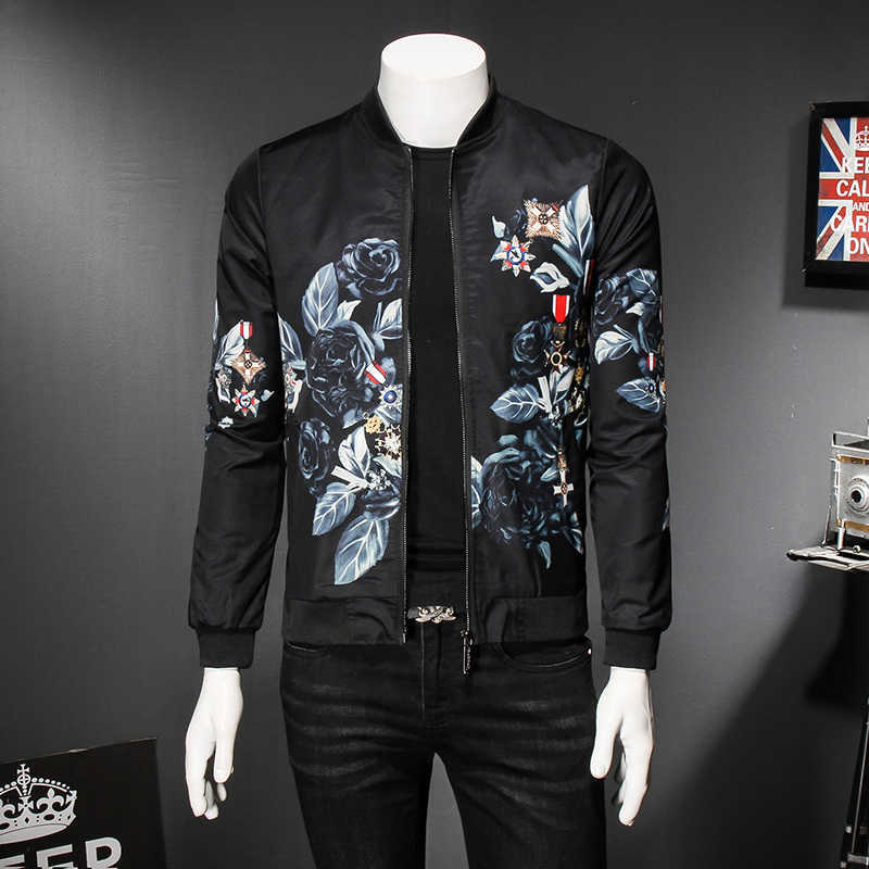 

Fashion Casual Slim Jacket Men Autumn Floral Print Business Bomber Jackets Streetwear Outwear Stand Collar Men's Coat Clothes 210527, White