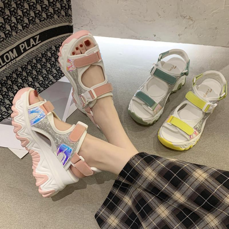 

Women Chunky Platform Sandals Fashion Designers Yellow Mesh 8cm High Wedge Shoes Woman Casual Brand Summer Sandal 2021, Pink