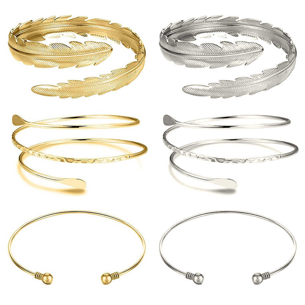 

6 Pcs Arm Bangle Set Adjustable Upper Cuff Bracelets Metal Punk Spiral Bracelet Swirl Leaf Feather Q0720