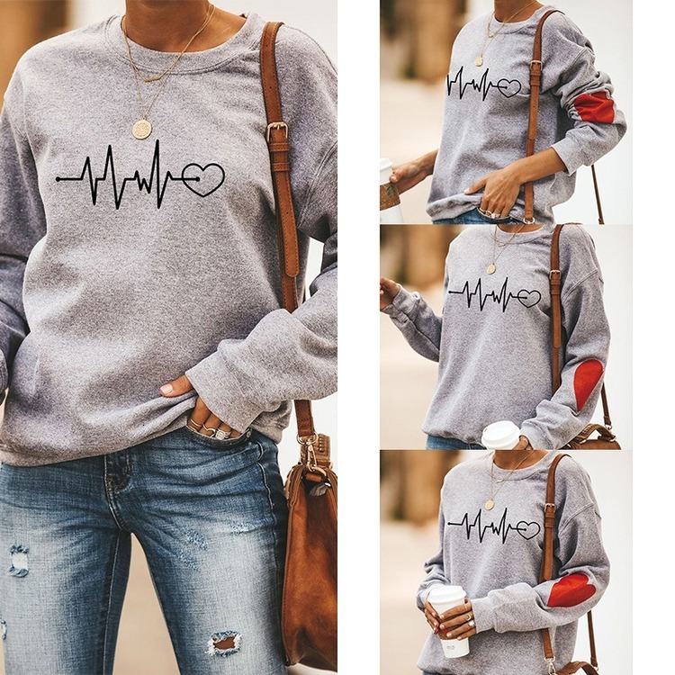 

Women' Hoodies & Sweatshirts European and American Clothing Round Neck Long-sleeved Pullover Sweater Casual Loose Printed XX-A10, Gray