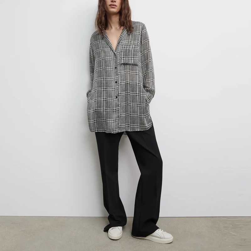 

Women Spring Long Blouse Plaid Shirts Ladies Loose Plus Size Turn Down Collar Sleeve Shirt Female 210525, Black