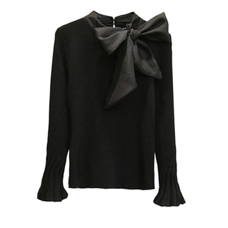 

Flare Sleeve Elegant Sweater Big Bow Collar Women Korean Style Knitted Ladies Pullovers Tees  Belt Tops, Beige