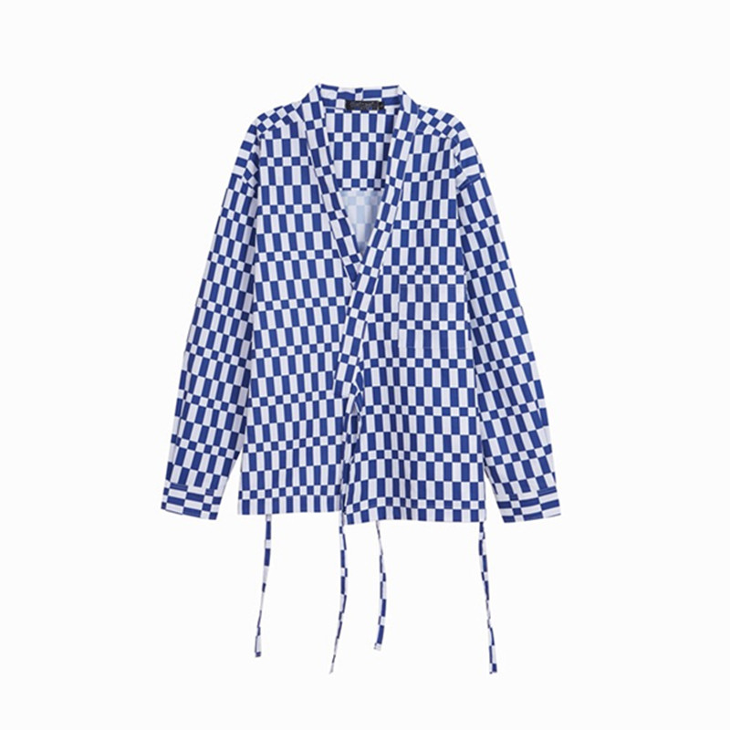 

Blue Plaid Open Stitch Shirt Summer Long Sleeve Tops Patch Pocket Japanese Style Unisex Streetwear