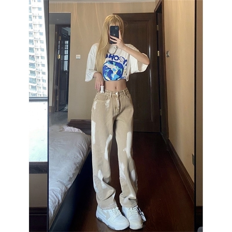 

QWEEK Y2K Aesthetic Khaki Wide Leg Jeans Women Korean Fashion E Girl Oversize High Waist Denim Pants Casual Trousers For Female 211111