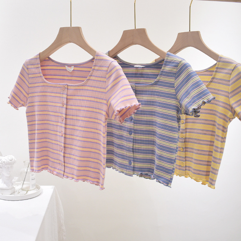 

Women's T-Shirt Spring Summer Rainbow Stripe Slim Woman T-shirts Vintage Square Collar Short Sleeve Women Casual Sweet Tops 2021 J, Yellow