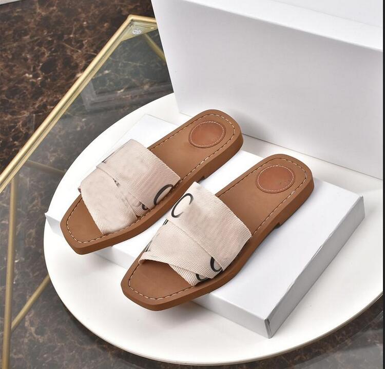 

8951 Newest Branded Women Woody flat Webbing Slipper Designer Lady Womens Lettering Fabric Outdoor Leather Sole Slide Slides Slippers
