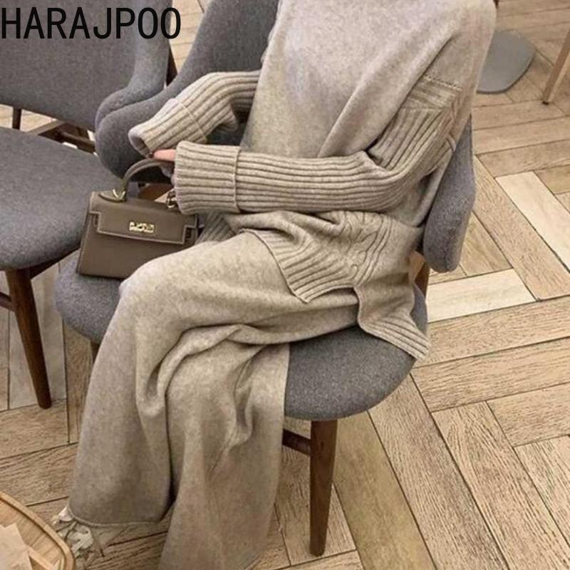 

Women's Sweaters Harajpoo Women Sets Autumn Winter 2021 Korean Style High Neck Split Sweater Loose Wide Leg Pants Two Piece Lazy Casual Suit, Black