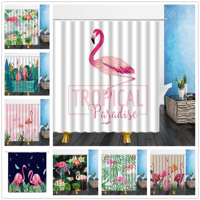 

Flamingo Shower Curtains Green Leaf Waterproof Polyester Nordic Home Decoration Bathroom Decor With Hooks Cloth Curtain