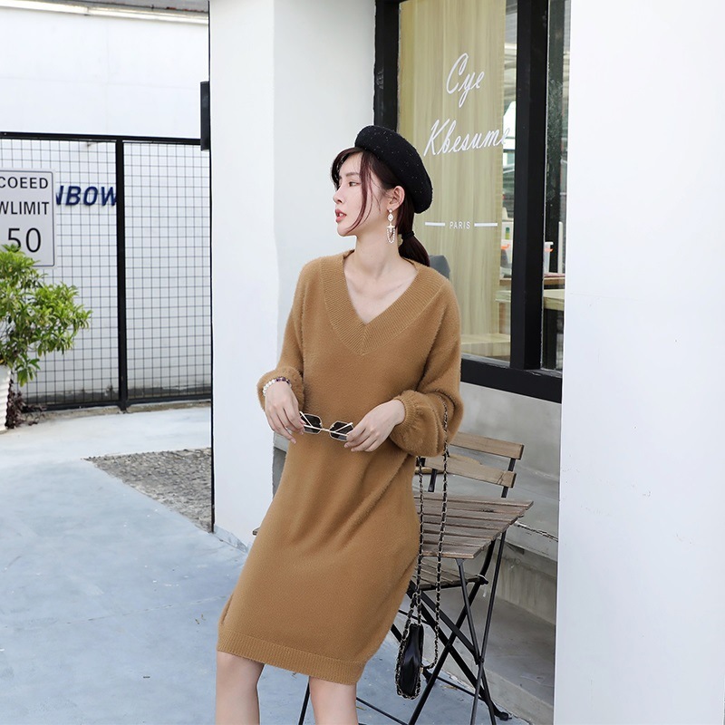 

Fashion Basic Solid Color Sweater Women Mink V Neck Autumn Winter Oversized Outer Wear Medium Long Knitted Thick Dress 210520, Khaki