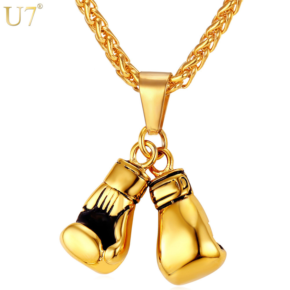 

U7 Boxing Glove Pendant Men Necklace Gold Color Stainless Steel Hip Hop Chain Fashion Sport Fitness Jewelry Wholeslae Dropship 210330