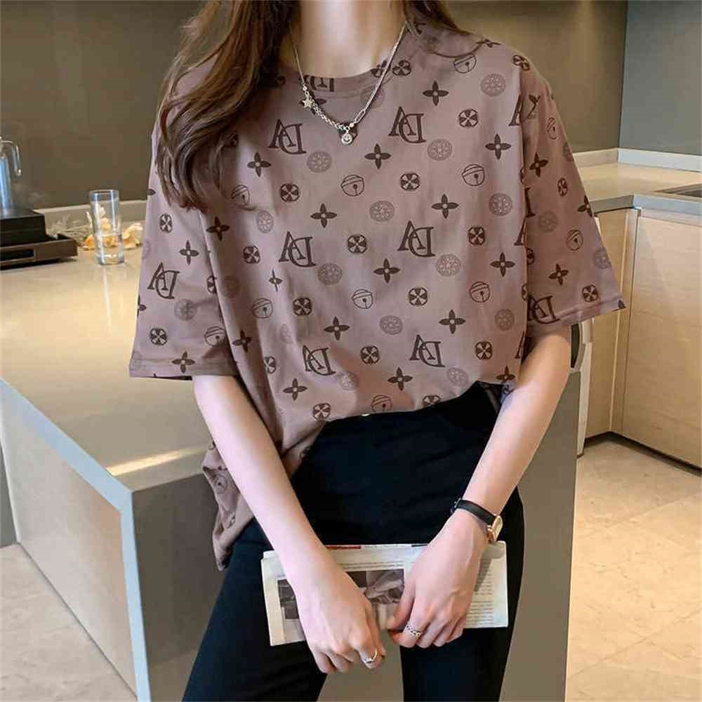 

Korean Style Summer Women's Cotton Short Sleeve T-Shirt Round Neck Casual Loose Fashion Tshirt Ladies Clothes Full Printed T Shirts 2 Colors G65GWGH, Red pitaya