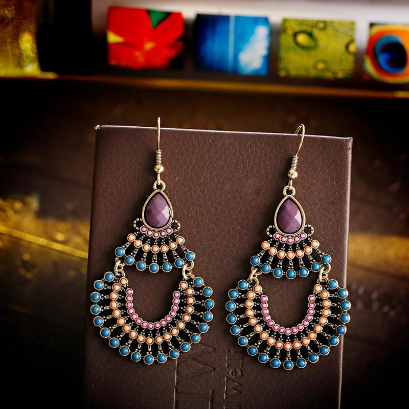 

Dangle & Chandelier Retro Ethnic Drop-Shaped Earrings Golden Color Alloy Zircon Inlaid Hollow 2021 Thailand Jewelry Gifts