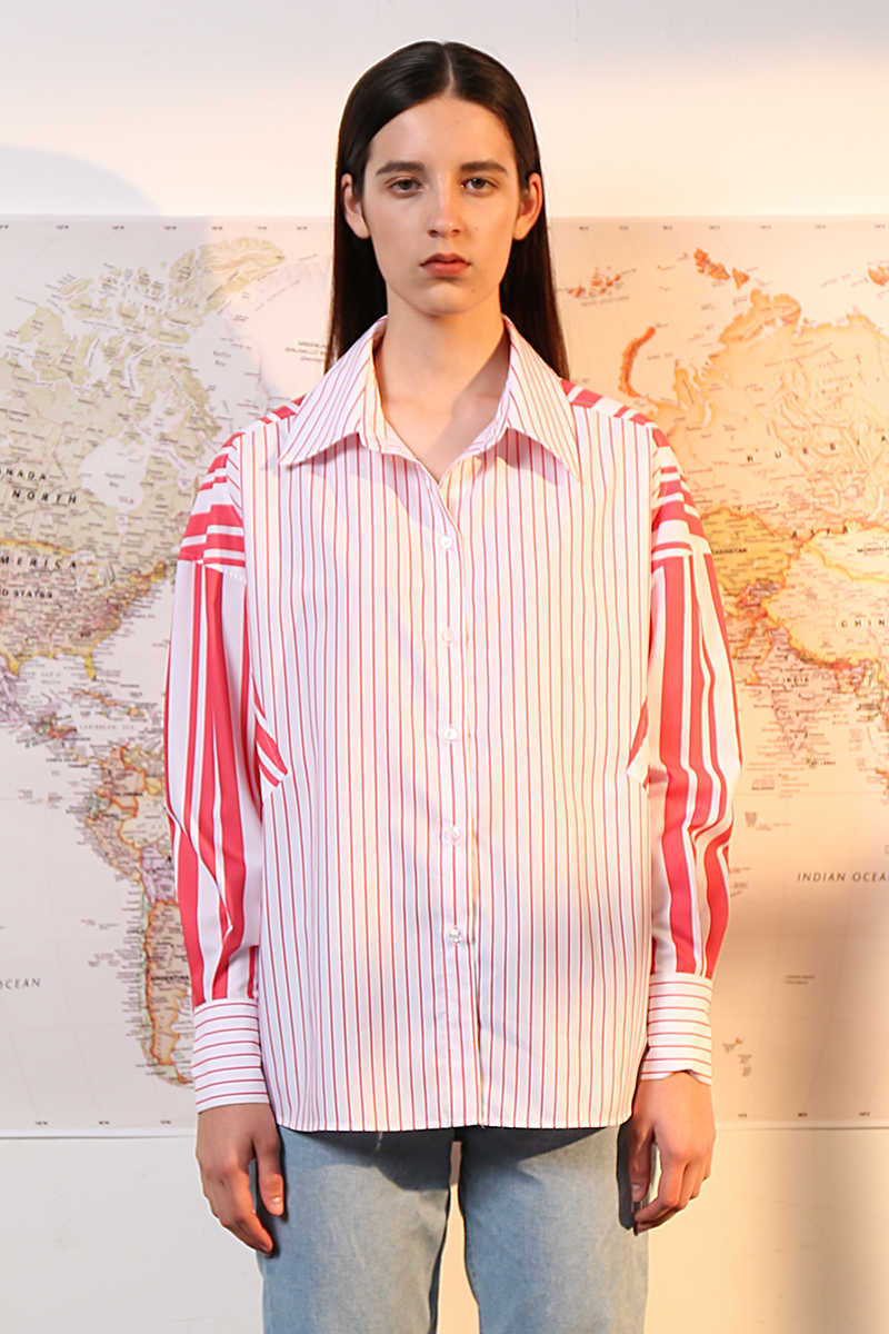 

Office Lady Design Contrast Stripes Loose Plus Size Casual Full Turn Down Collar Shirt Women 210615, Red