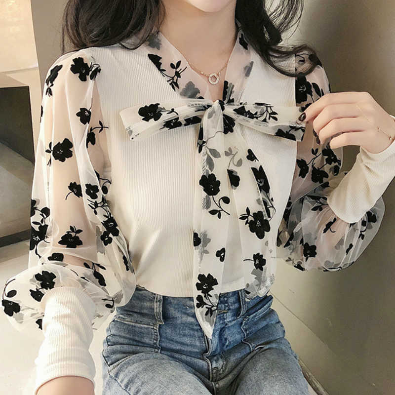 

Blusas Mujer De Moda Long Sleeve Print Chiffon Blouse Shirt Ladies Tops Knitted Women Tops Long Sleeve Blouse Women C618 210602, Black