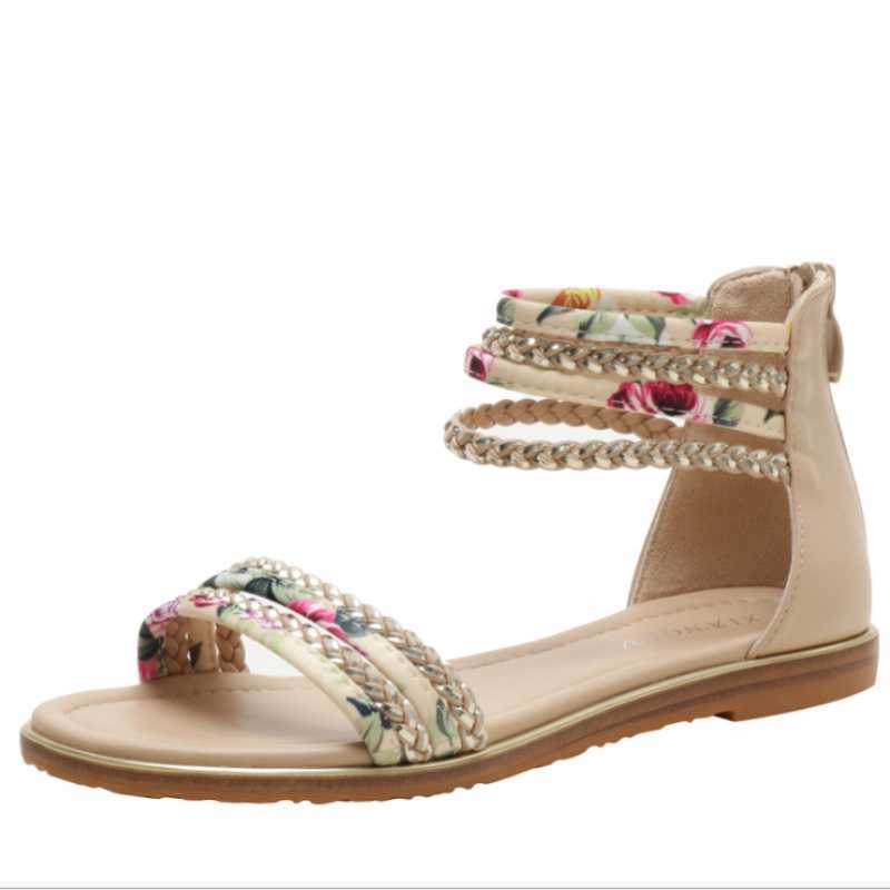 

2021 Summer Flat-heel Ethnic Style Bohemian Roman Style Flat Back Zipper Rhinestones with Skirt Female Sandals XM022 Y0721, Apricot