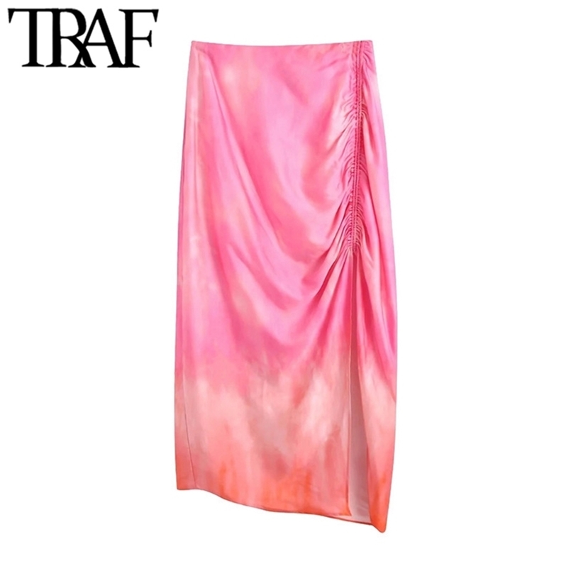 

TRAF Women Chic Fashion Tie-Dye Draped Slit Hem Midi Skirt Vintage High Waist Back Zipper Female Skirts Mujer 210702, As picture