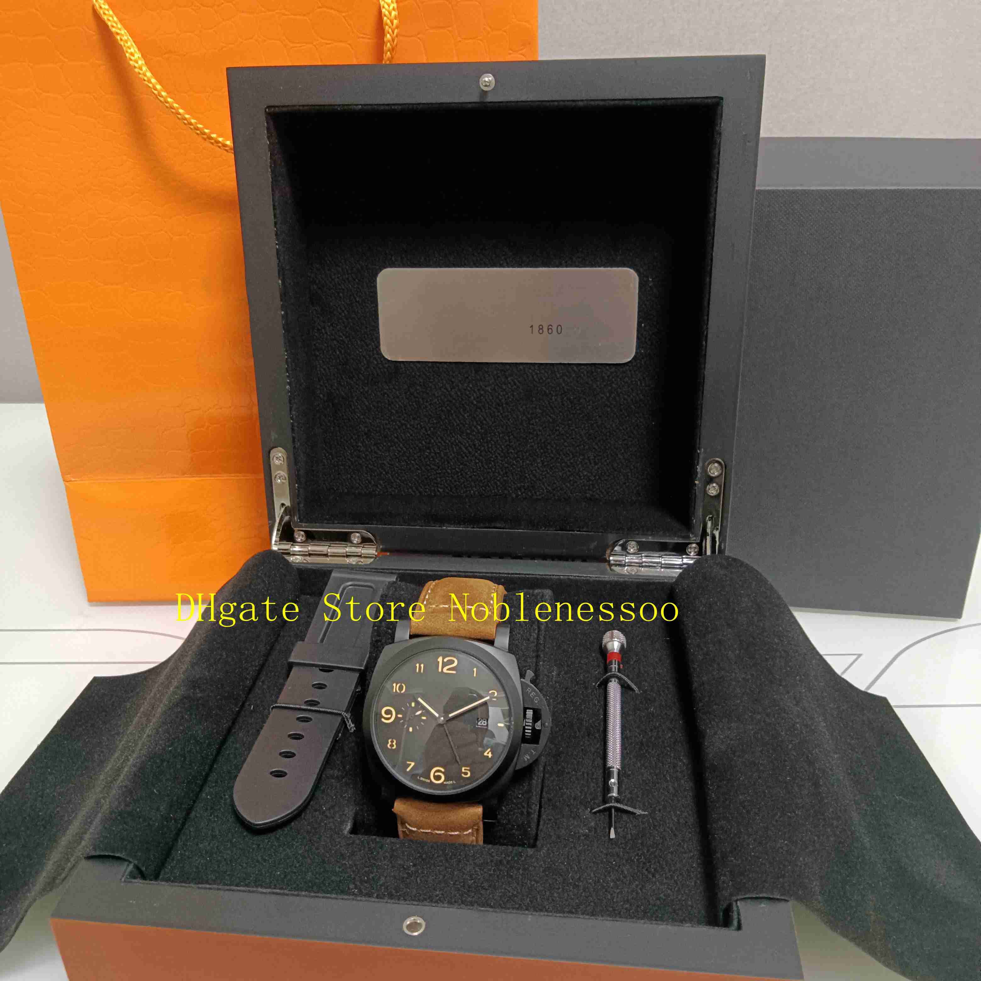 

With Original Box Mens Classic Top 44mm Watch Men's Black Dial Brown Strap Super 1950 P 441 Sport Asia Movement Automatic Mechanical Watches, 01