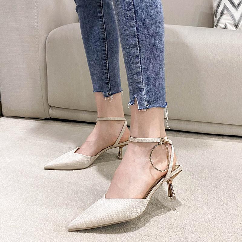 

Clear Heels Shoes Med Buckle Strap Shallow Mouth Luxury Sandals 2021 Summer Medium Pointed Office Stiletto Comfort Fashion High Dress