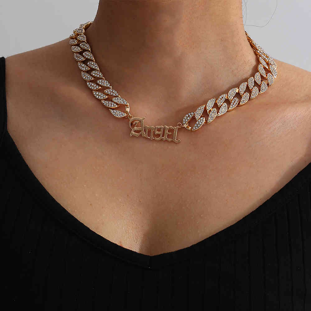 

Lacteo INS Shiny Rhinestone Cuban Clavicle Chain Choker Necklace For Women Steampunk Letter Pendant Necklace Female Jewelry X0509