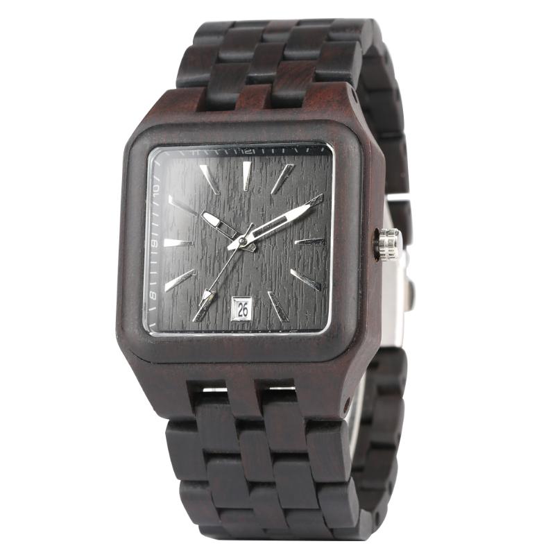 

Wristwatches Fashion Men's Wood Watch Unique Square Dial With Calendar Male Quartz Wristwatch Full Dark Brown Wooden Band Relogio Masculino, Only watch