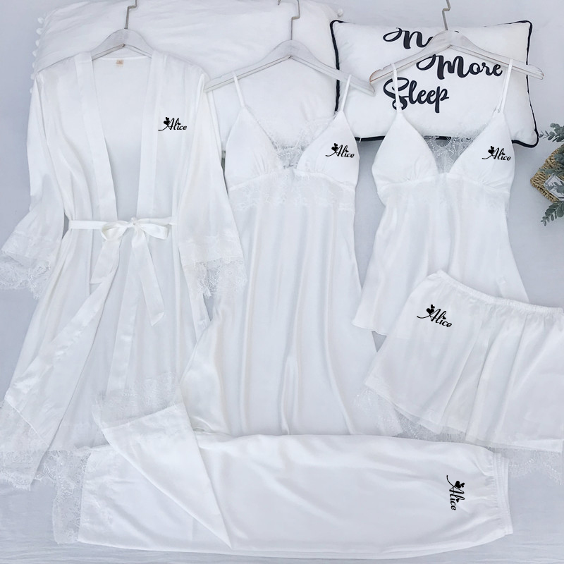 

Personalized name Women Kimono Bathrobe Bride Bridesmaid Wedding Robe Set Lace Trim Sleepwear Casual Home Clothes Nightwear, White 2pcs set