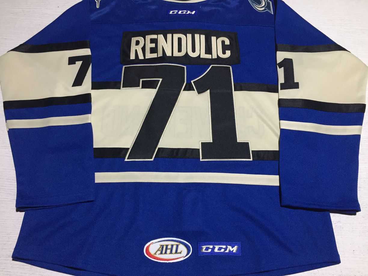 

Customize AHL #71 Borna Rendulic Hockey Cleveland Lake Erie Monsters Premier CCM Jersey Blue Beige Stitched S-5XL
