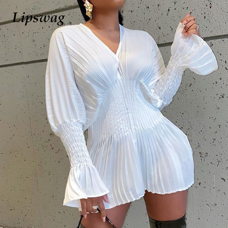 

2021 spring solid v neck mini dress autumn long flare sleeve pleated short dress elegant women slim fit party dress vestidohigh quality, Black;gray