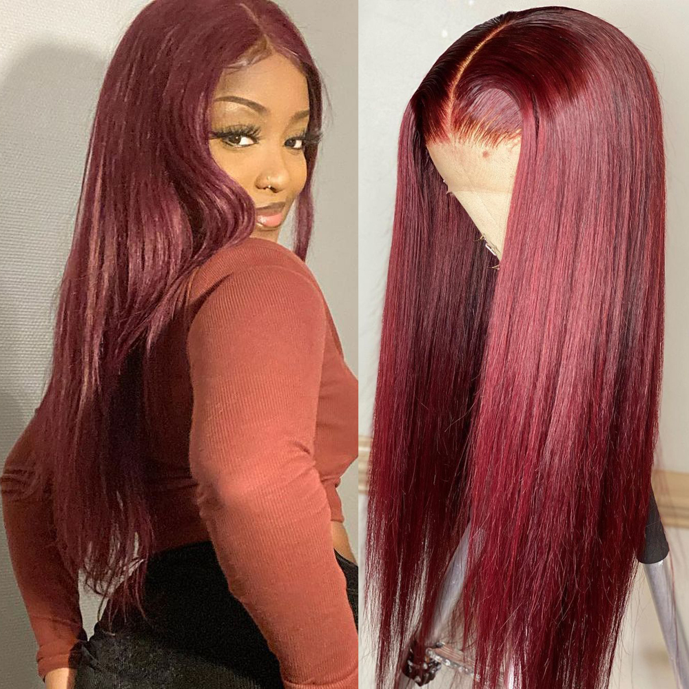 

Burgundy Straight Wig Brazilian 13x4 13x6 Lace Front Human Virgin Hair Wigs 99J Plucked With Baby Hair 150% Density For Black Women, Natural color