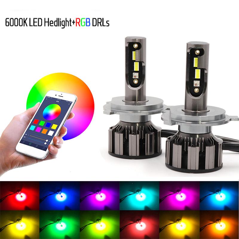 

Car Headlights Pair H4 RGB LED Headlight H1 APP Bluetooth Control Multi Colors Bulbs For Camry