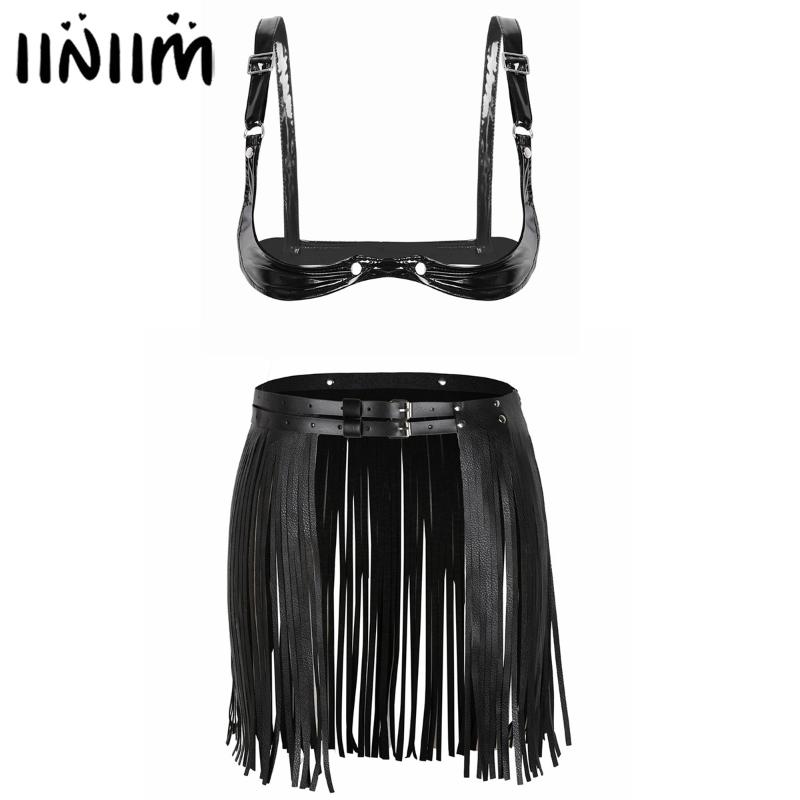 

Bras Sets Women Sexy Half Cup Open Nipple Bra Brassiere Shiny Faux Leather Lingerie Adjustable Shoulder Straps Tops With Tassel Skirts, Black