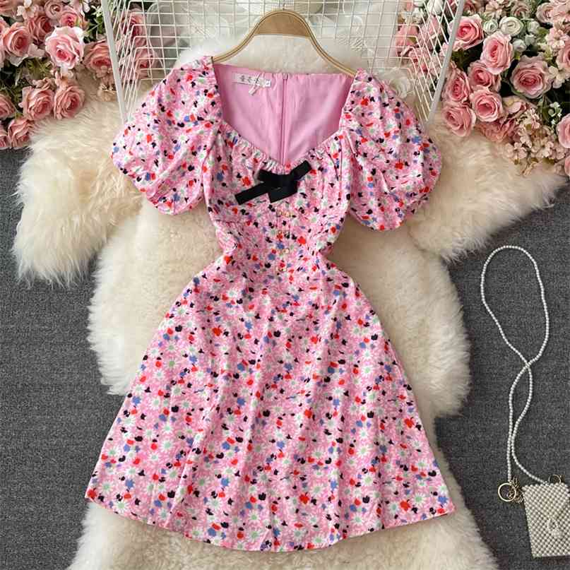

Summer French Women' Dress Pink Puff Short Sleeve Square Collar High Waist Mini Sweet Ladies Bow Elegant Robe 210603