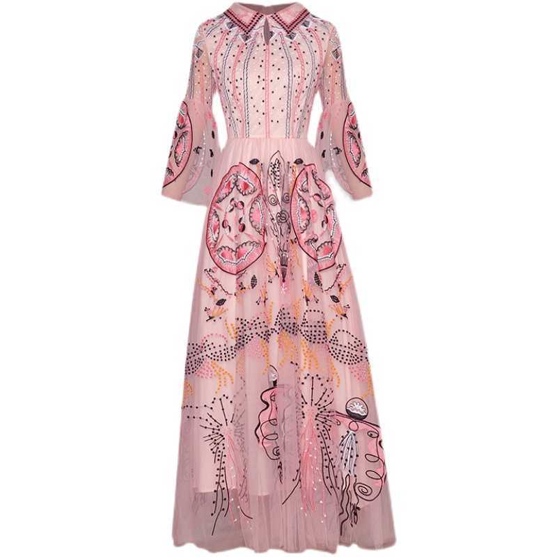 

HIGH QUALITY est Designer Fashion Women's 3/4 Sleeve Stunning Embroidery Gauze long Dress 210526, Pink