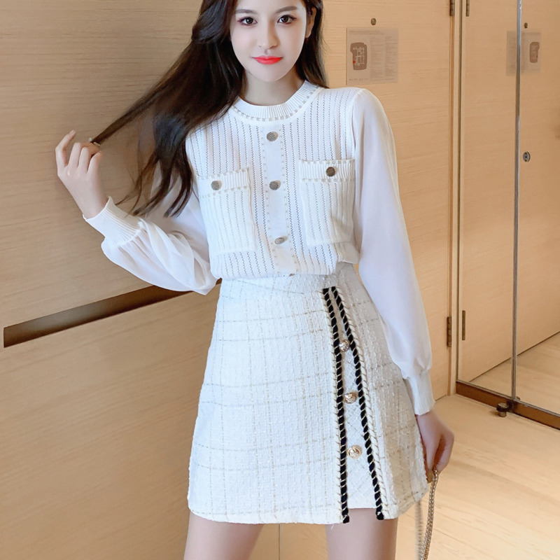 Two Piece Dress Spring Korean Elegant 2 Set Women Suits Long Sleeve Knitted Top + Slim A-line Mini Tweed Skirt Fashion Ensemble Fe-image-706165239