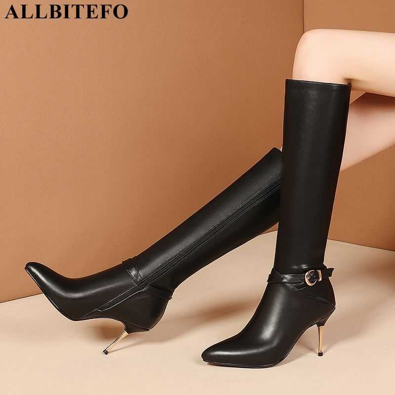 

ALLBITEFO size 34-43 PU+ genuine leather women boots fashion thin heel high heels women knee high boots winter shoes long boots 210611, As picture