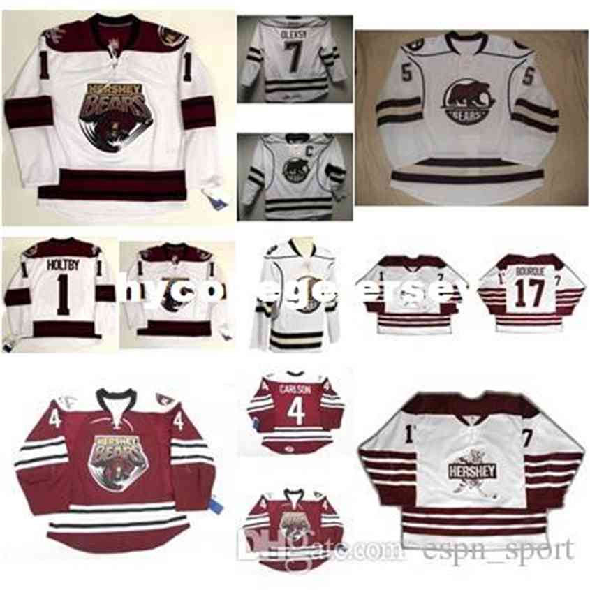 

custom 1 Brayden Holtby Mens Womens Kids AHL Hershey Bears 17 Bourque 100% Embroidery Custom Any Name Any No. Ice Hockey Jerseys Goalit Cut, White