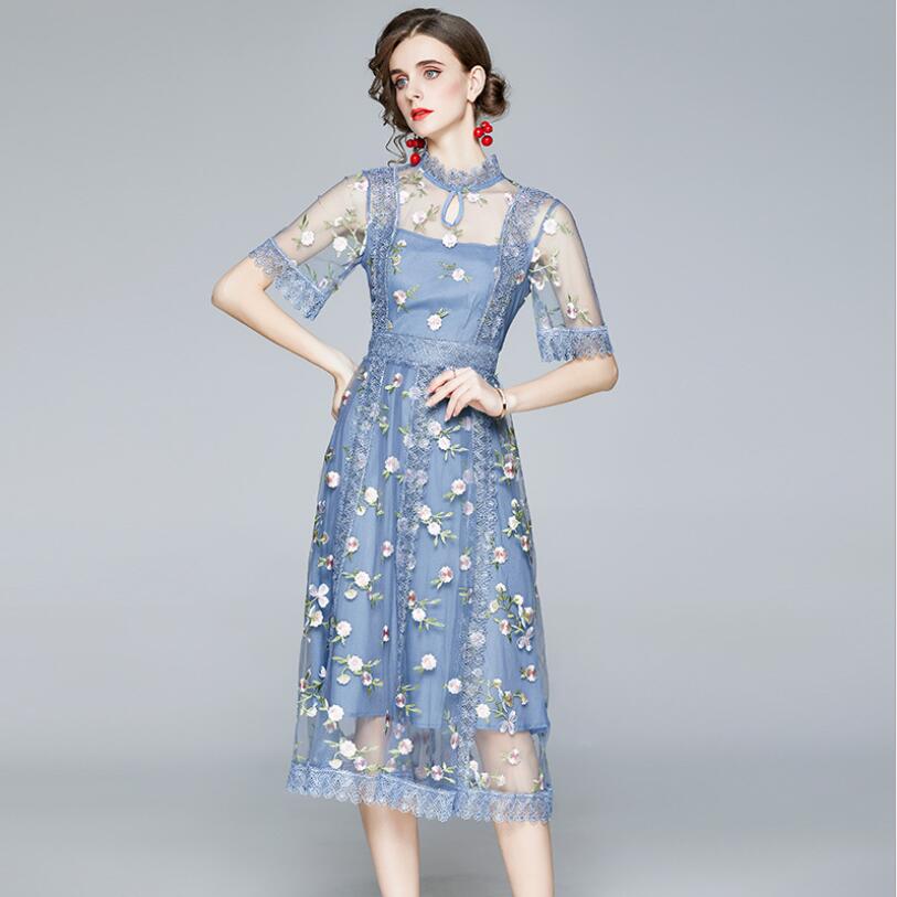 

2021 Summer Runway Embroidery Mesh Dress Robe Women's Stand Collar Short Sleeve Floral Lace Long Dresses Vestido Mujer Verano w1360, Blue