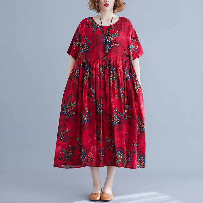 

Johnature Summer Office Lady Dress Print Loose Short Pockets Knee-Length Dress Regular Natural O-neck Casual Women Dress 210521, Red