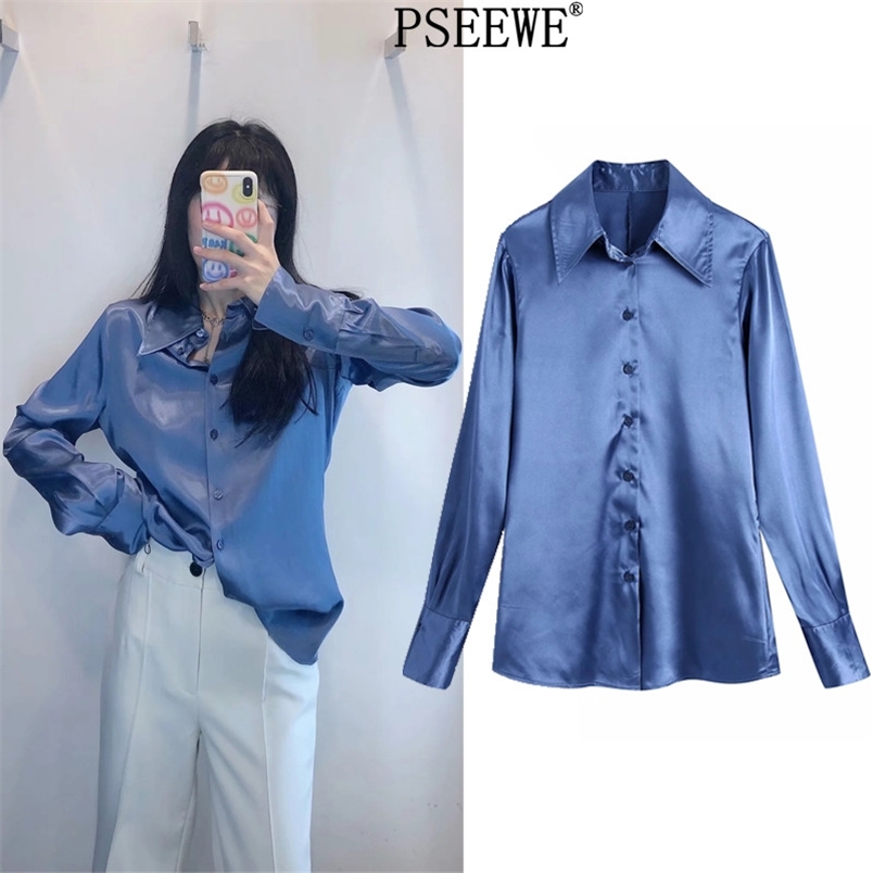 

Blue Satin Women Shirts Long Sleeve Office Wear Elegant Woman Blouses Fashion Button Up Summer Female Shirt 210519