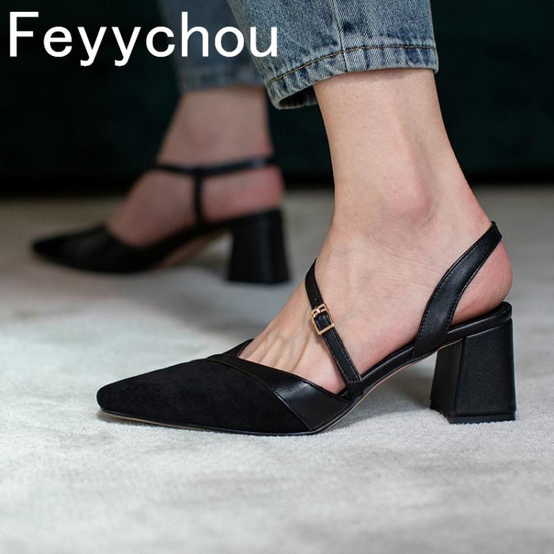 

Dress Shoes Women's Sandals High Heel Square Toe Buckle Ankle Strap Patchwork 2021 Summer Sexy Fashion Casual Office Wedding Party Black