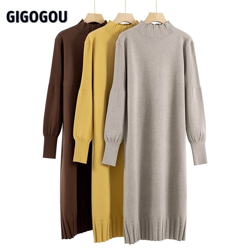 

GIGOGOU Long Knit Oversized Women Maxi Sweater Dress Warm Turtleneck Loose Tunic High Street Baggy Midi Pullover es 211110, Coffee