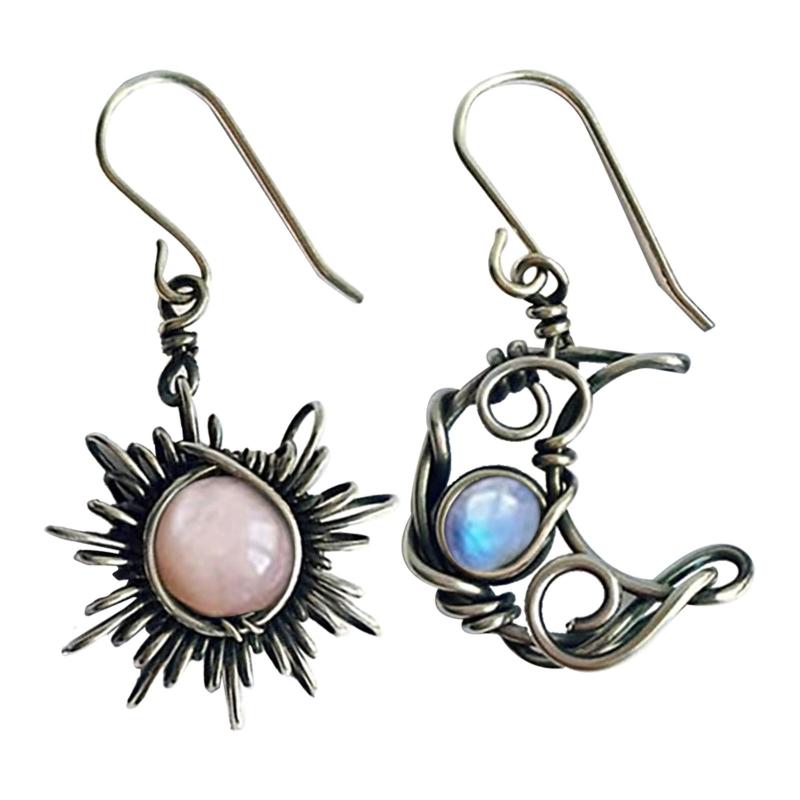 

dangle & chandelier fashion women boho style retro metal sun moon earrings stone asymmetric jewelry gifts, Silver