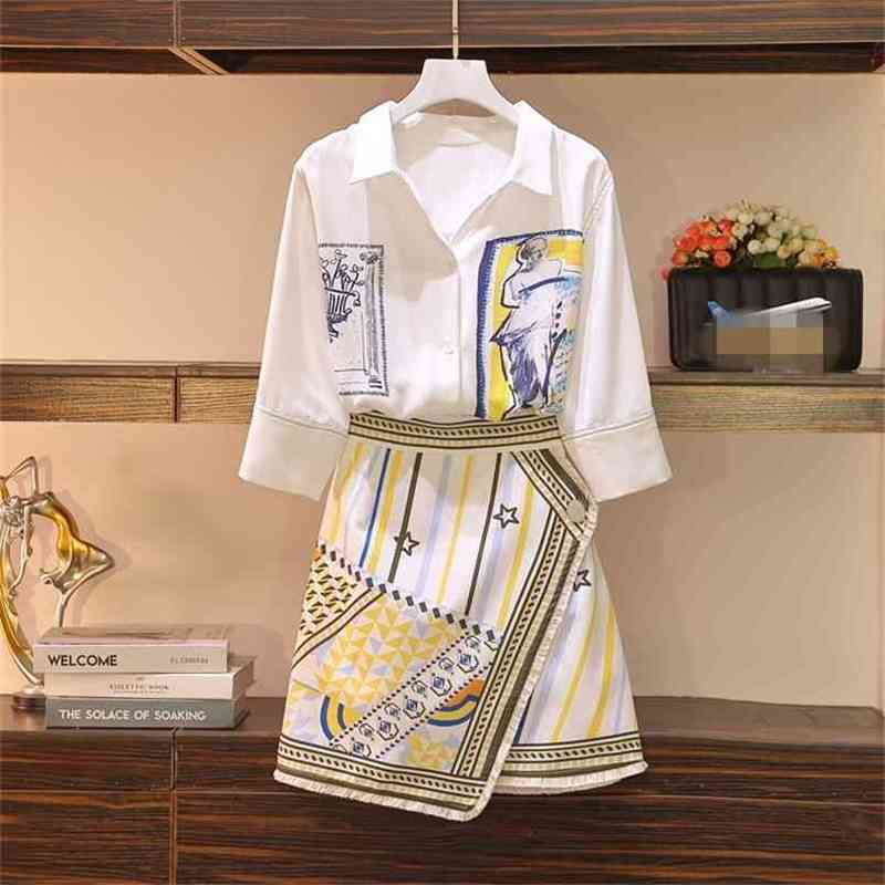 

Summer 2 Piece Set Women Office OL Printed Lapel Half Sleeve Shirt Top + High Waist Irregular A-Line Mini Skirts Suit 210519, Photo color