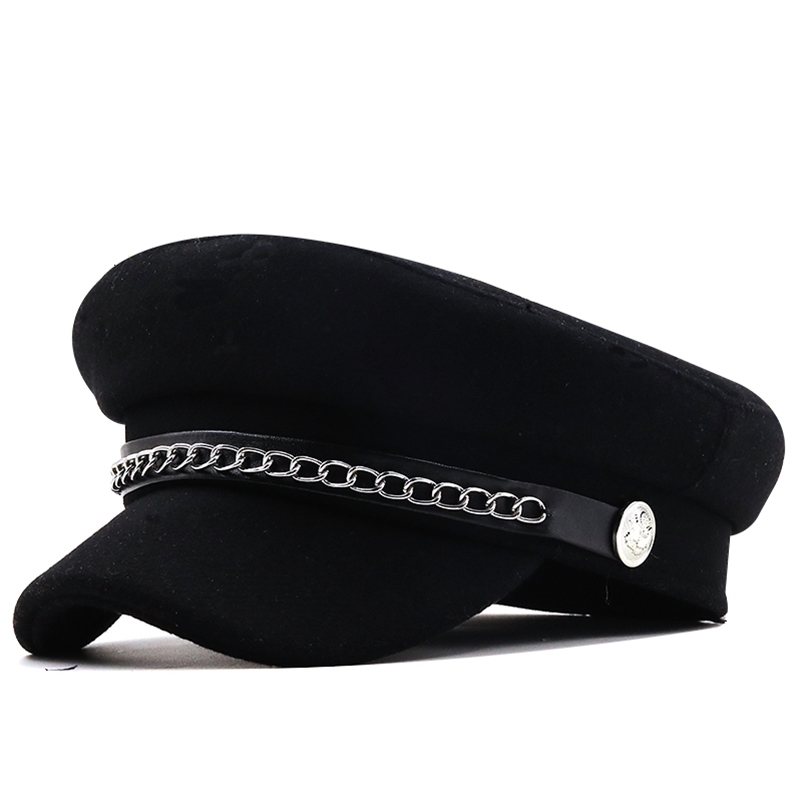 

utumn Winter Chain Black Wool Military Berets for Women Female Flat Army Cap Salior Hat Girl Travel Ladies Painters 210429