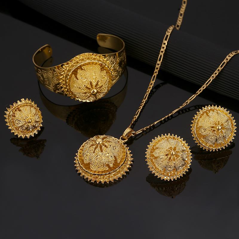 

Earrings & Necklace Ethiopian Gold Color Eritrean Engagement Bride Wedding Habesha Luxury Africa Jewelry Sets, As pic
