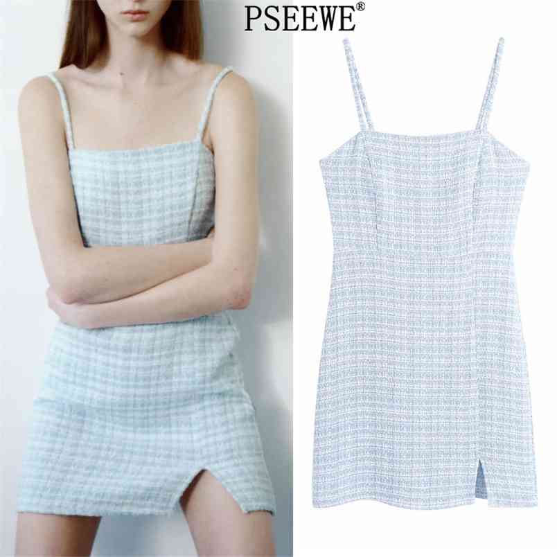 

Summer Dress Blue Plaid Textured Slip Short es Women Backless Tweed Mini Woman Office Eleagnt es 210519, Sky blue