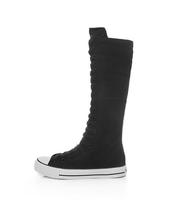 

Women Flat Casual Tall Punk Shoes Plus szie 35-43 Fashion Women Canvas Shoes high top Knee High Shoes, Black