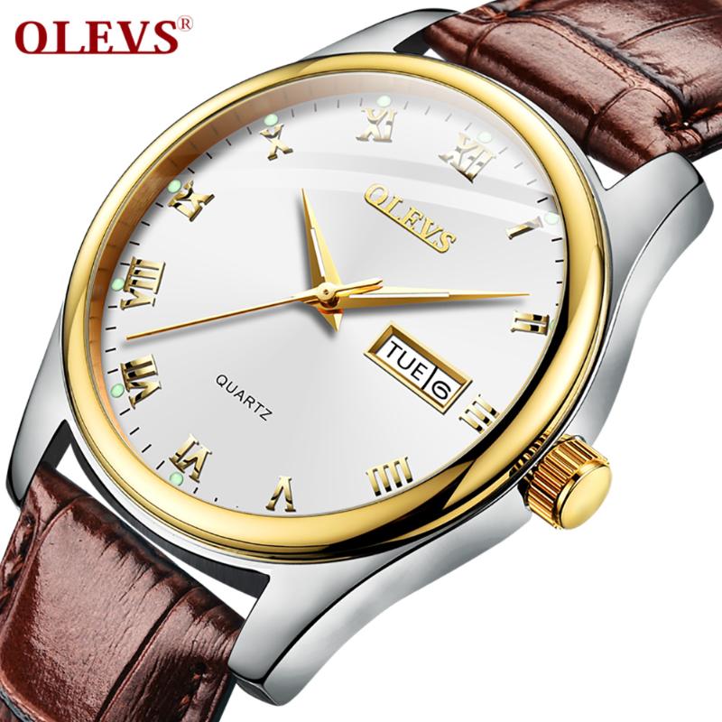

Wristwatches 2021 Fashion Casual Watches Men Sport Stainless Steel Case Leather Band Watch Quartz Business Calendar Date Weekday Wristwatch, Brown leather white