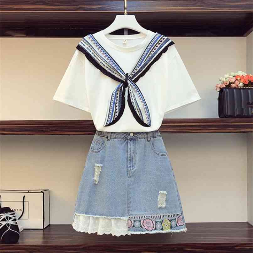 

Plus Size Women Denim Two piece set Sweet Scarf Tshirt Top and Flower Embroidery Ruffles Patchwork cowboy Skirts Fashion Outfits 210602, White tshirt